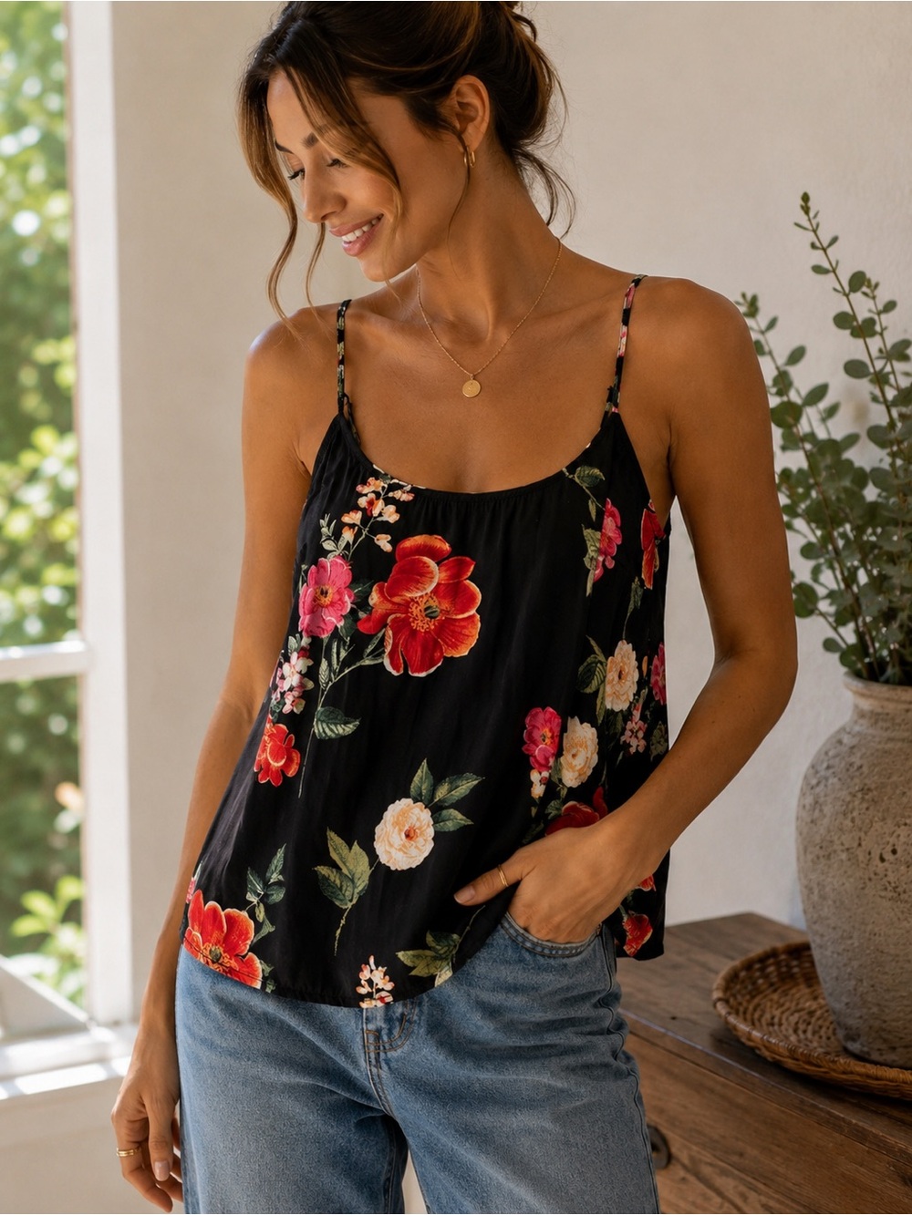 Old Navy Black Floral Spaghetti-Strap Cami